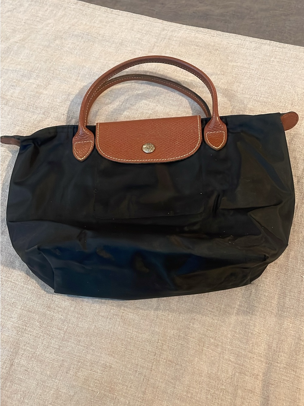 Longchamp Black Nylon Tote with Brown Leather Trim and Handles